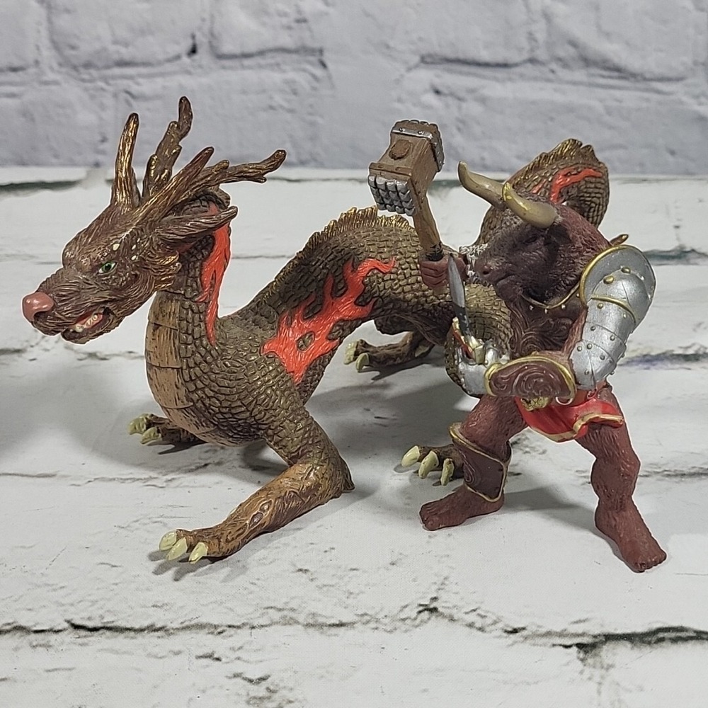 Papo Minotaur and Fire Dragon Figures Lot of 2 Mythical Fantasy Figures
